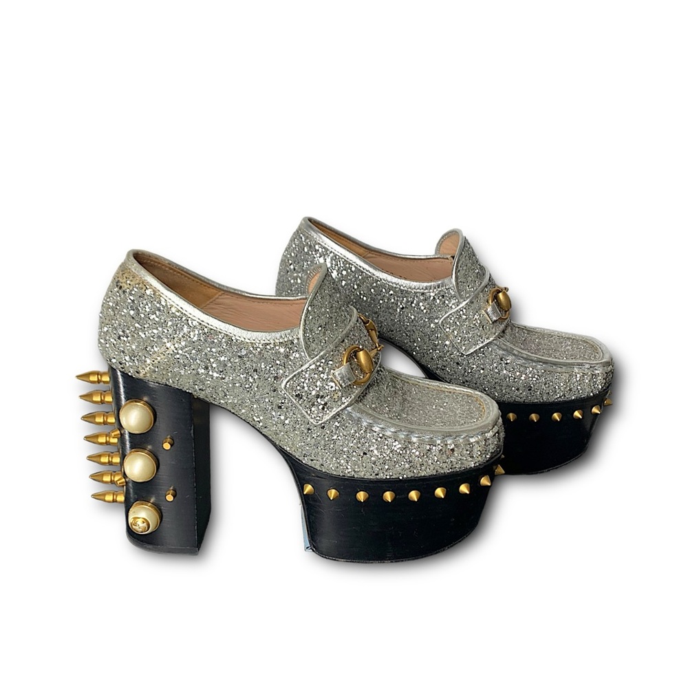 Gucci Vegas Silver Glitter Platform Loafers with Gold Stud & Spike Accents Rare